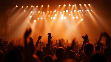 Audience members raise hands toward brightly lit stage during an energetic performance