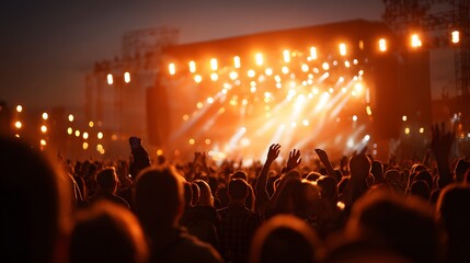 Crowd of people watches a brightly lit outdoor music performance during twilight