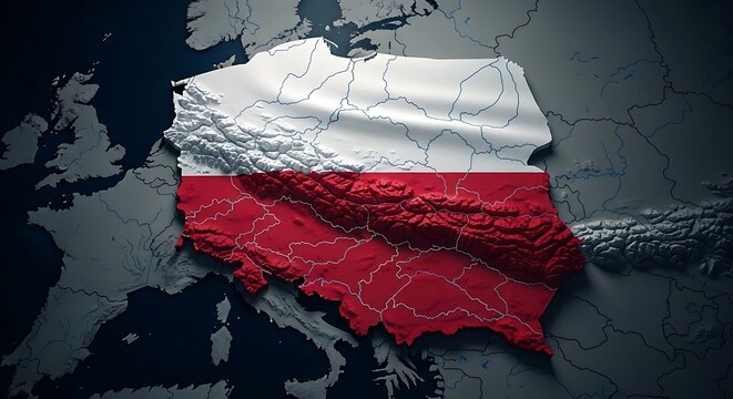 Fototapeta Poland Map with Flag 3D Render on Europe Political Map Topographic Relief Country Borders