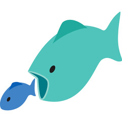 Big Teal Fish Eating Small Blue Fish With Transparent Background In Simple Flat Design Style