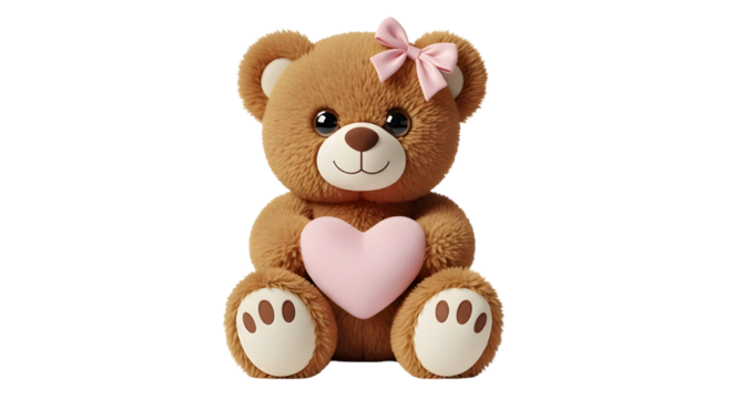 Cute teddy bear holding a pink heart isolated PNG with Transparent Background