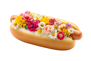 Appetizing hotdog with flowers on a transparent background for designers, marketers and IT professionals. Popular illustration, object, texture. Food, flowers, natural space for text.