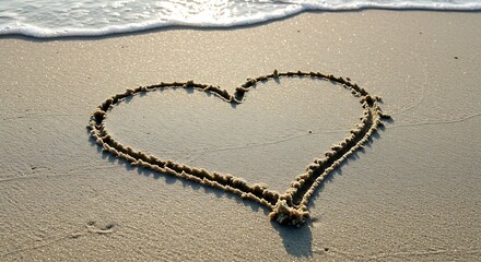 Heart Drawn in Sand on Beach with Gentle Waves Approaching.