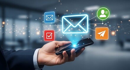 Businessman using smartphone with digital email and communication icons