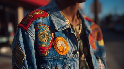 Fototapeta premium Person wearing heavily decorated denim jacket adorned with numerous colorful embroidered patches