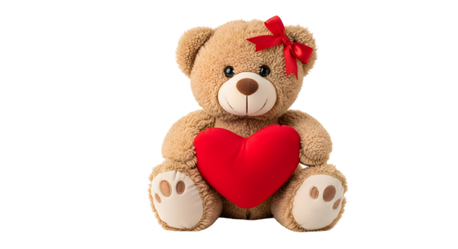 Teddy bear holding a red heart for love isolated PNG with Transparent Background