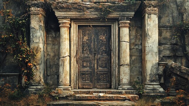 A large stone door with a wooden frame