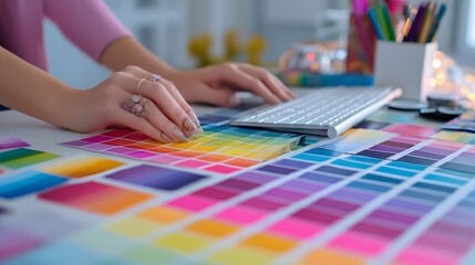 Fototapeta premium Female hands work with a vibrant spectrum color palette guide next to a computer keyboard