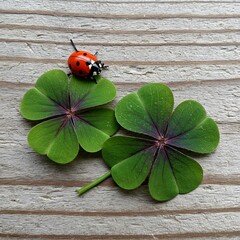 Ladybug on Four-Leaf Clovers - A Symbol of Luck and Nature.