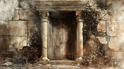 A door with a wooden frame is in front of a stone wall