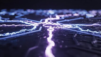 Abstract futuristic circuit board with glowing purple, pink, and blue light paths. 3D animation of data flow, energy surge, and AI processing. - Powered by Adobe