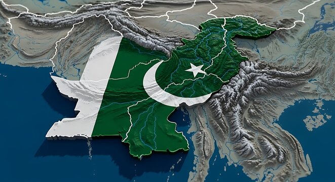 Pakistan Map and Flag 3D Render Over World Map, Physical Map of Earth, South Asia Country