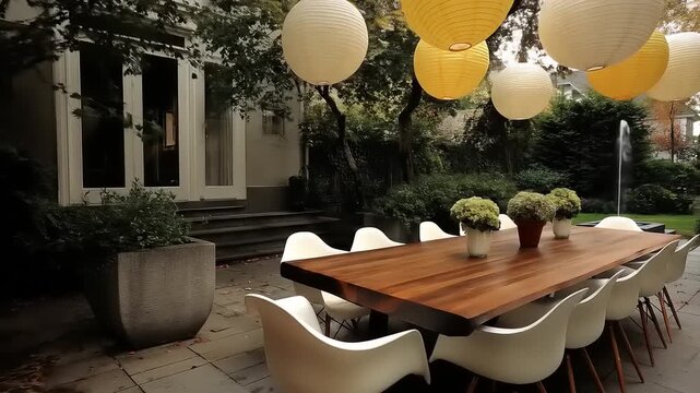 A charming outdoor dining space, featuring a long wooden table with white chairs, is beautifully decorated with paper lanterns hanging above.