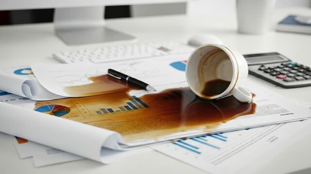 Coffee spills on office documents, causing a mess near a calculator and computer peripherals