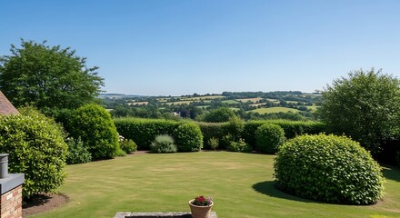 Lush Green Garden Overlooking Rolling Hills on a Sunny Day.