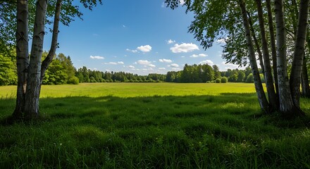 Lush Green Meadow Framed by Birch Trees Under a Bright Blue Sky.