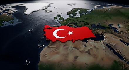 Vivid Turkey Flag Map on 3D Globe: Anatolian Peninsula Geopolitical Outline