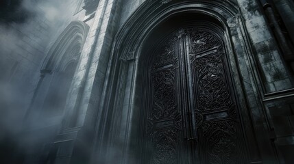 A black door with a large arch above it