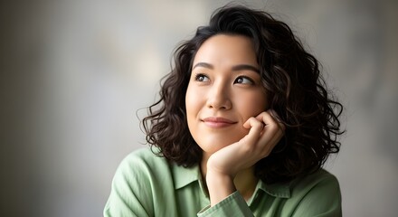 A thoughtful Asian woman with curly hair smiles softly while resting her chin on her hand, symbolizing imagination, curiosity, and calm thinking.