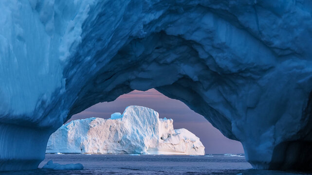 View of a Glowing Iceberg Framed by the Blue Arch of a Glacial Ice Cave or Arch in Greenland or Iceland