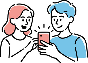 Fototapeta premium Two people sharing a smartphone together demonstrating connection and technology vector