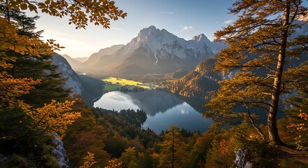 Majestic Mountain Vista - Serene Lake and Autumnal Forest Landscape.