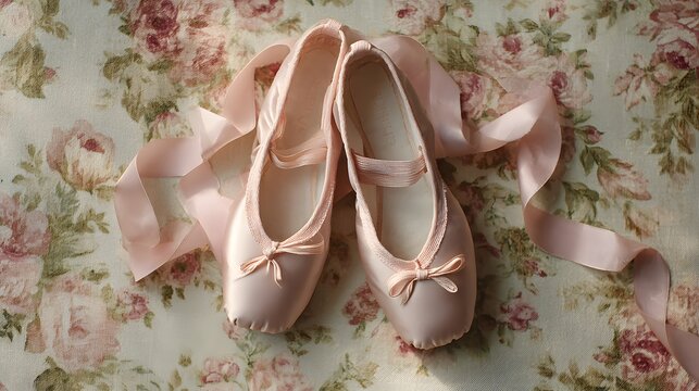 Pair of satin ballet slippers rests upon a background of muted floral fabric - Powered by Adobe