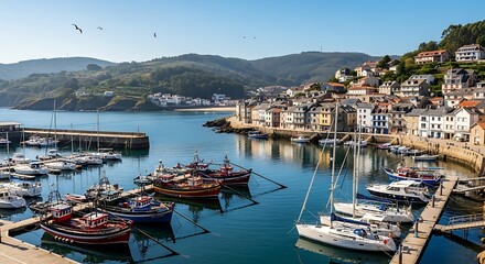 Obraz premium Picturesque harbor town with boats and hillside houses under a clear sky.
