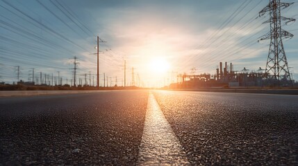 Asphalt roadway stretches toward a brilliant sunrise or sunset near an industrial power facility
