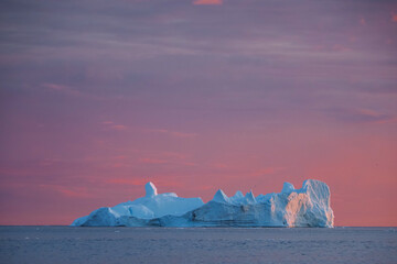 Large Iceberg Floating in the Arctic Sea, Illuminated by the Dramatic Pink and Purple Light of Sunrise or Sunset (Ilulissat Icefjord, Greenland)