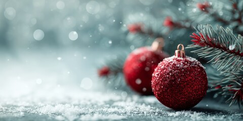 Obraz premium Decorative red Christmas ornaments resting on a snowy surface near a pine tree
