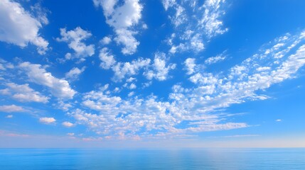 Fototapeta premium Bright blue sky with scattered white clouds extends over a calm blue ocean surface