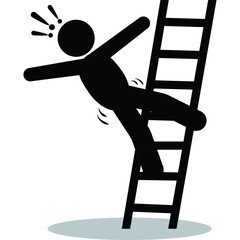 Black Silhouette of a Person Falling Down a Ladder with Exclamation Marks Symbolizing Danger and Accident on a Transparent Background © yanrisairga