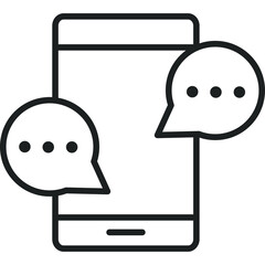 Black Line Art Icon of a Smartphone with Two Speech Bubbles Showing Conversation or Messaging on a Transparent Background