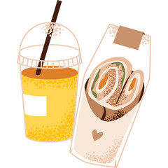 Bright Yellow Orange Juice Drink in Clear Plastic Cup with Straw Next to Wrapped Sandwich and Heart Icon on Transparent Background