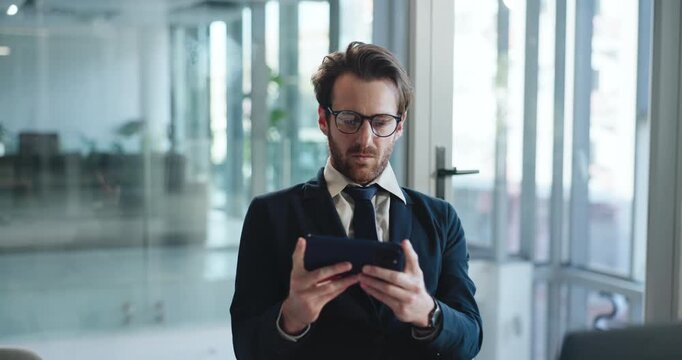 Reading, review and businessman in office with phone, online sheet and business slides on mobile. Corporate, typing and consultant in workplace with tech, checking draft and schedule on email app.