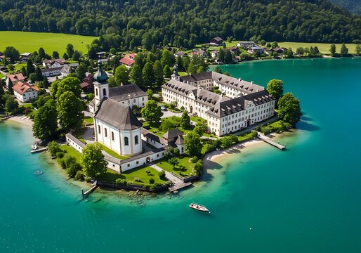 Seeon Abbey on an island in Lake Seeon, Bavaria, Germany.