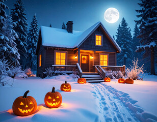 Snowy Forest House with Jack-O'-Lanterns Under a Full Moon on Halloween Night