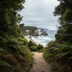 Scenic Coastal Path Leading to a Secluded Beach with Rock Formations.