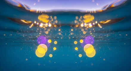 Mystical underwater perspective with floating orbs of light and a mesmerizing kaleidoscopic effect on the water's surface