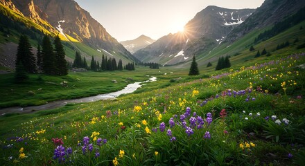 Scenic mountain valley with vibrant wildflowers and a flowing river under sunlight.
