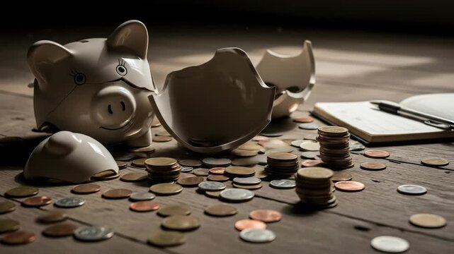 A broken piggy bank lies on a wooden surface, surrounded by coins, with a notebook