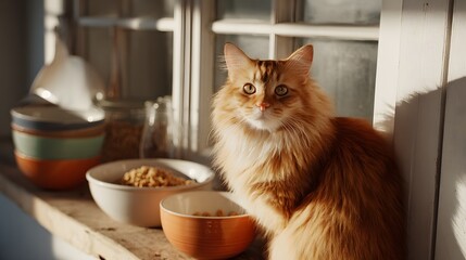 Fluffy orange feline sits beside bowls of dry food illuminated by warm sunlight near a window.