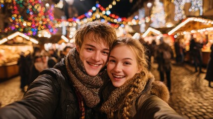 Couple taking a selfie on a street with Christmas decorations at night
