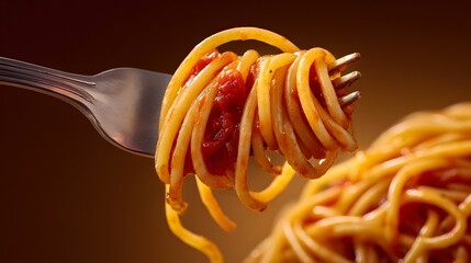 Cooked pasta spirals heavily coated in red tomato sauce twirled upon a metallic utensil