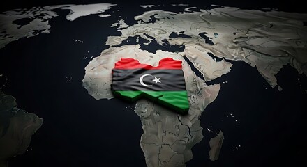 Libya Map and Flag 3D Render Over World Map, Physical Map of Earth, North Africa Country