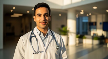 Smiling Doctor in Hospital Corridor Healthcare Professional Ready to Assist and Care
