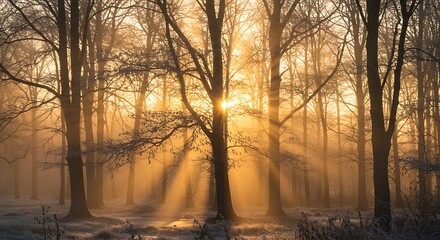 Sunlight Through Trees in a Winter Forest Landscape.