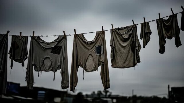 Tattered clothing hangs on a barbed wire line, against a muted, overcast sky
