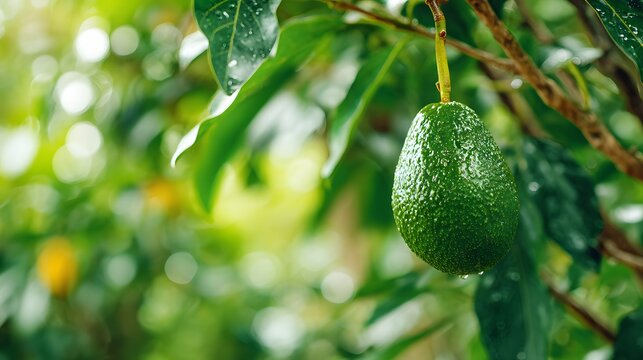 Single green fruit hangs ripening from a tree branch surrounded by foliage.